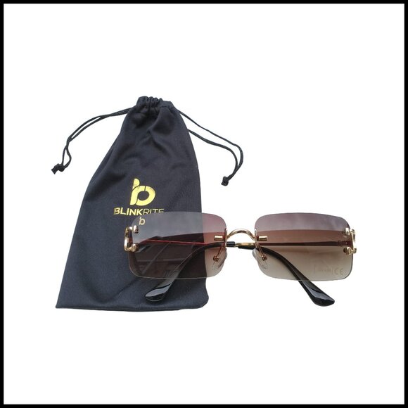 Retro Rimless Rectangular Sunglasses Golden Frames UV400 Protection Leather Case main image 6